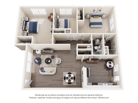 Floor plan for 3 beds, 2 baths, 1223 sqft